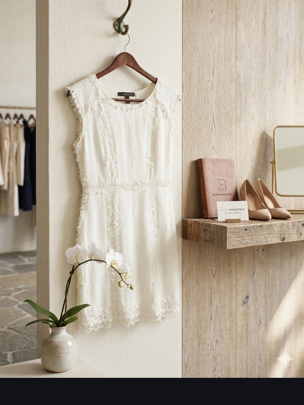BCBGMaxAzria Ivory Lace-Trim Sleeveless Shift Dress